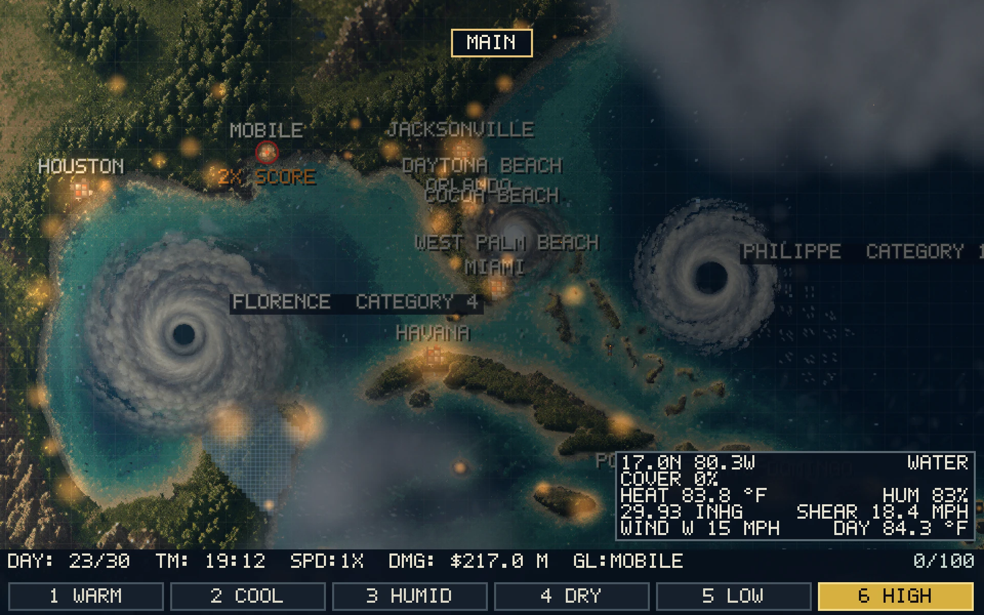 Two storms near Florida at night with city lights along the coast