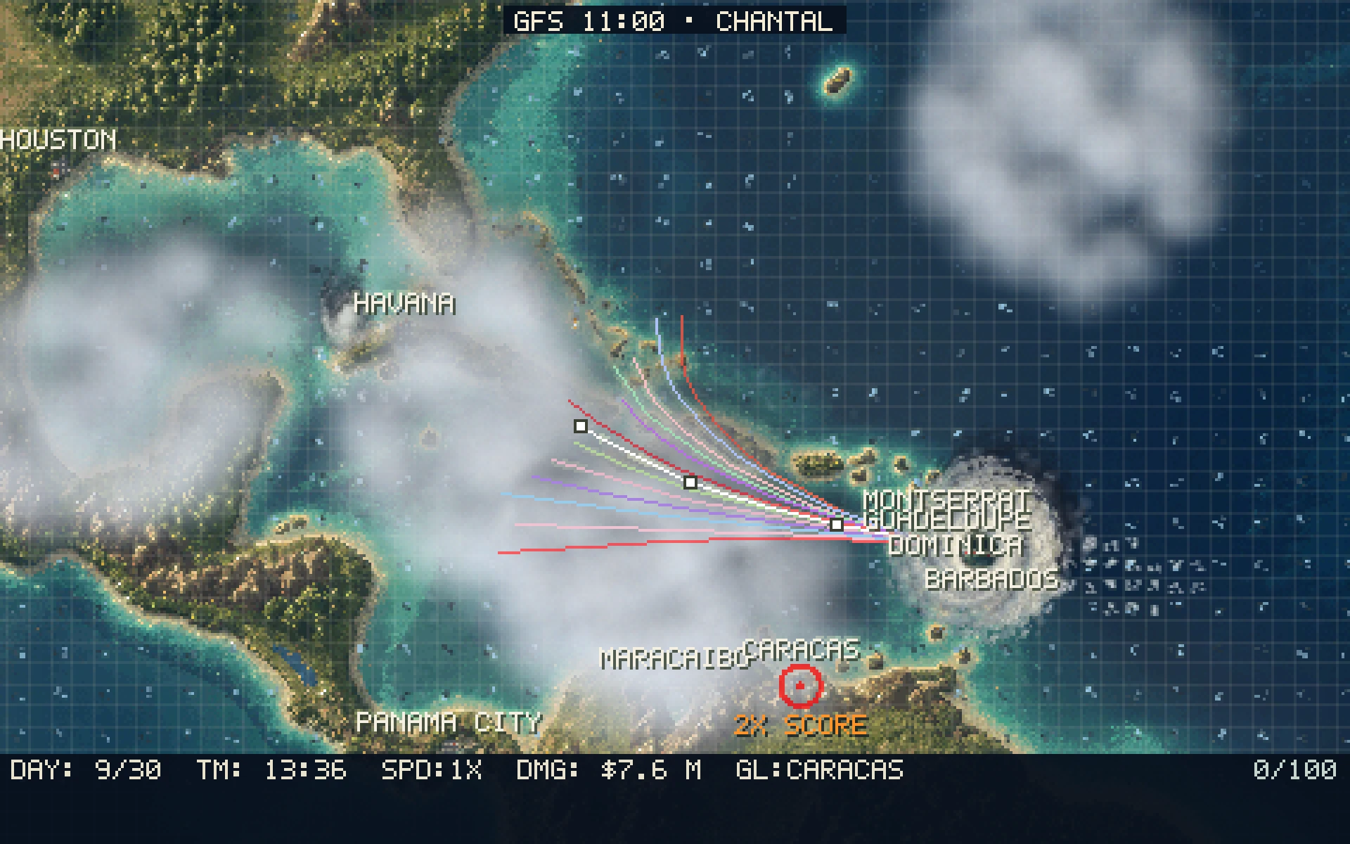 Forecast tracks fanning out from a storm near the islands