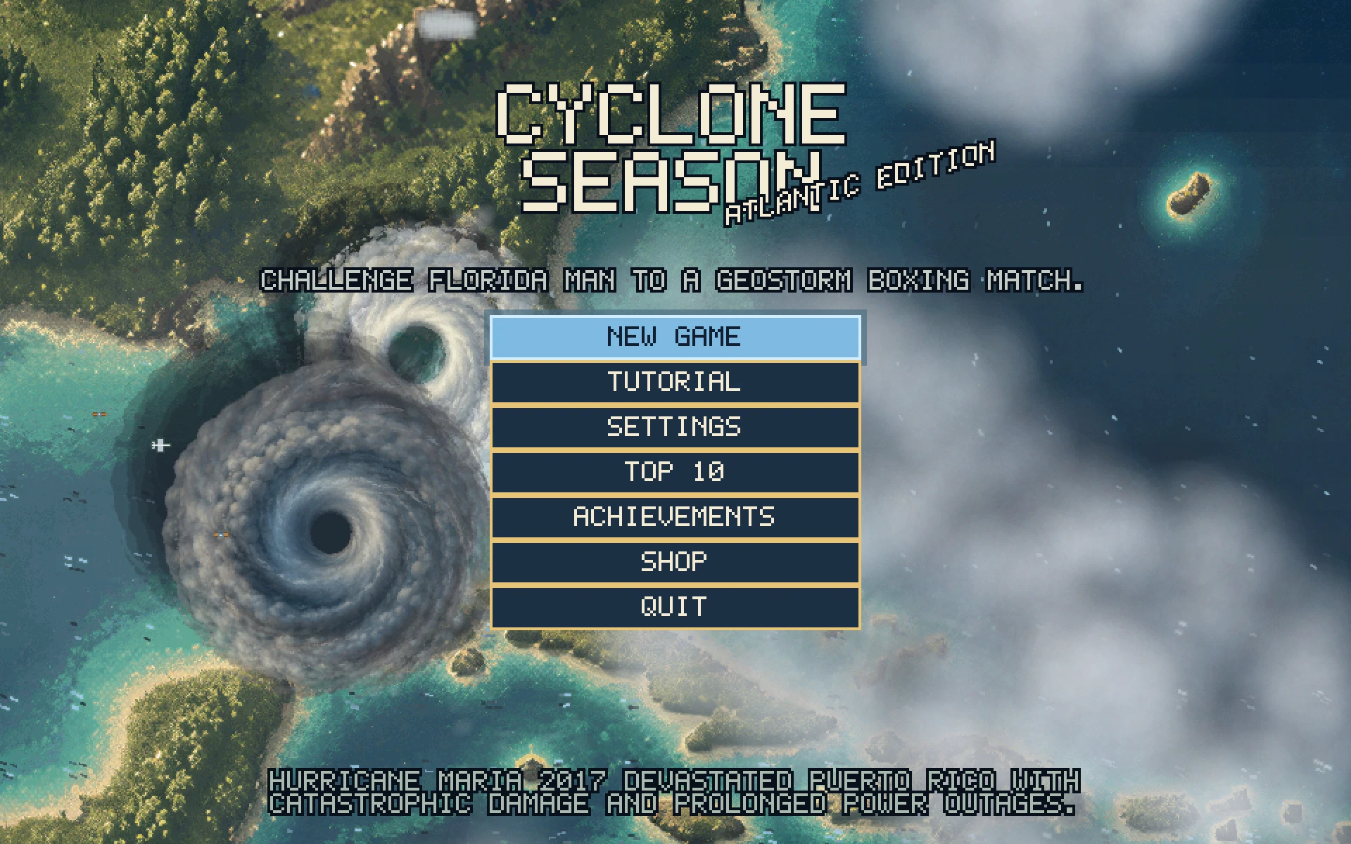 Cyclone Season title screen with the main menu over a satellite map