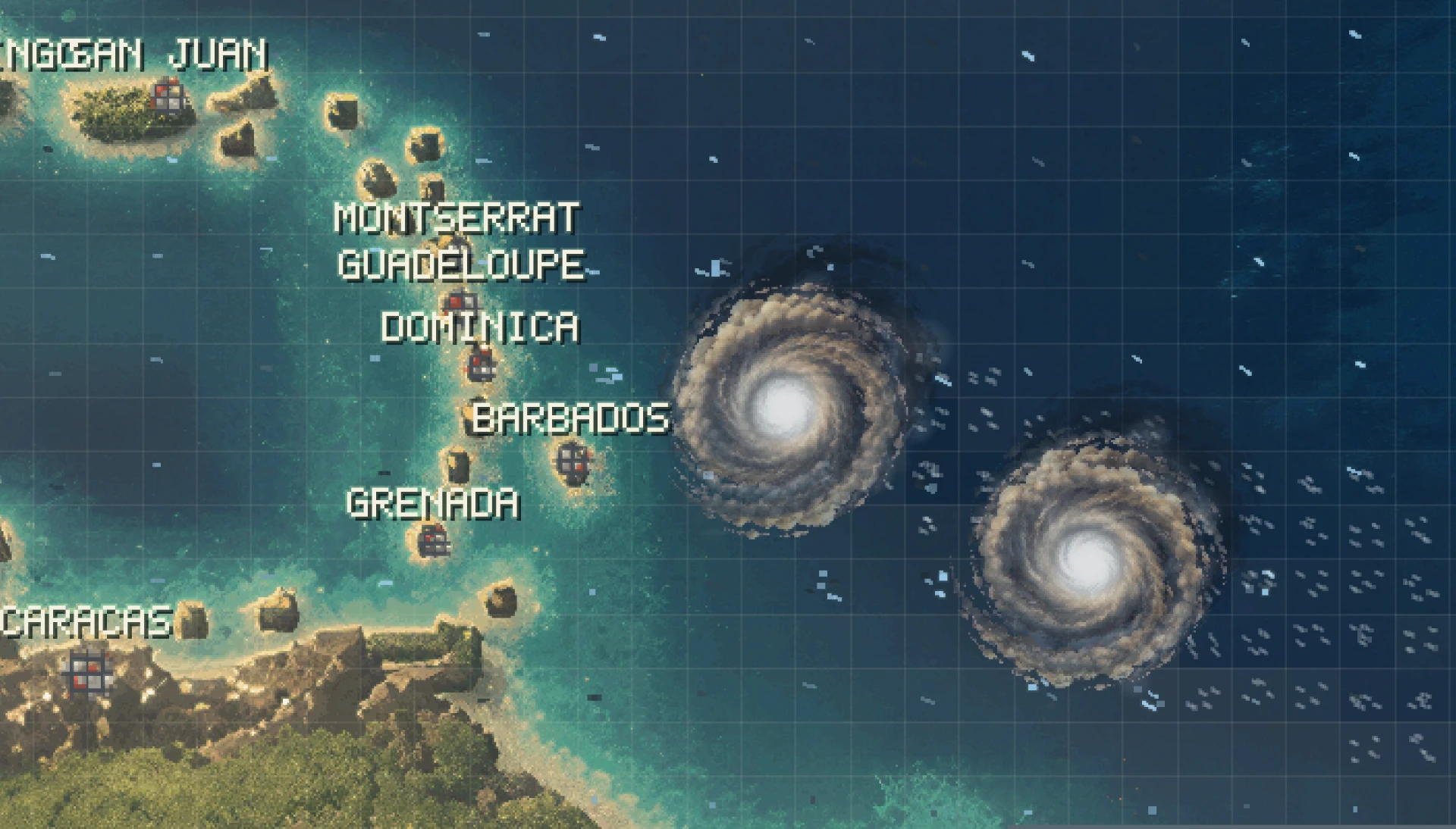 Cyclone Season: a pixel-art map of the Caribbean with two hurricanes closing in on the islands