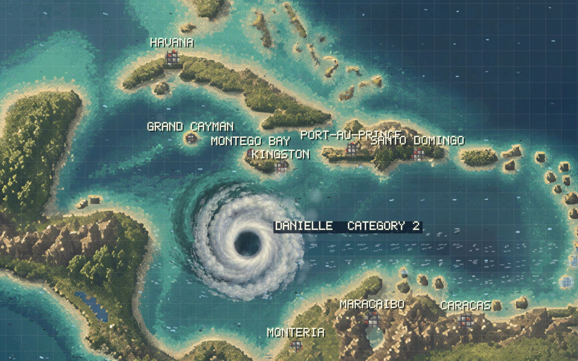 Pixel-art map of the Caribbean with a category 2 hurricane named Danielle swirling south of Jamaica and Cuba